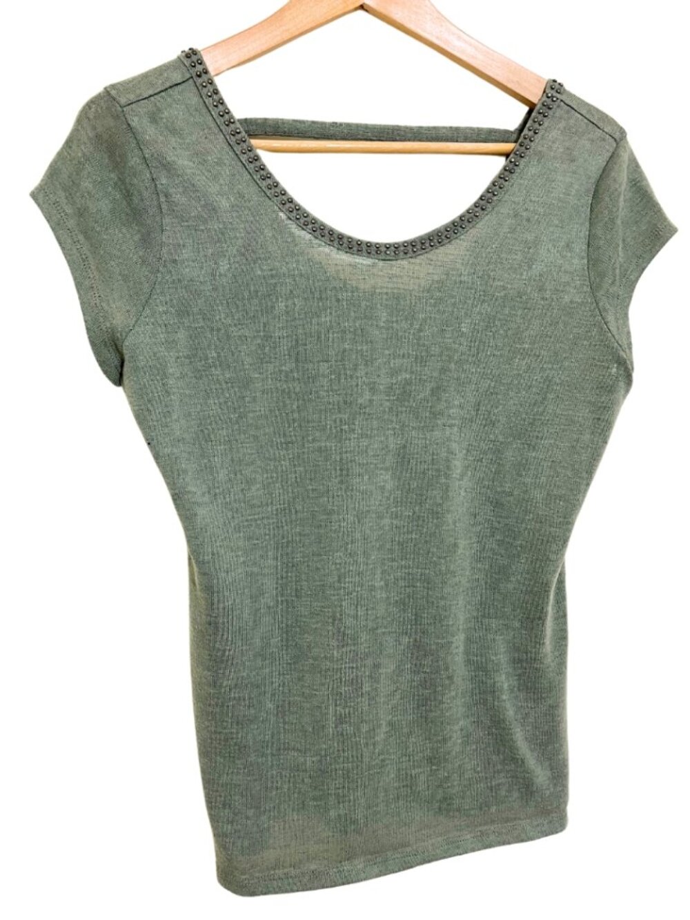 Essentials by Milano Sage Green Metal Studded Neckline Open-Back T-Shirt – S